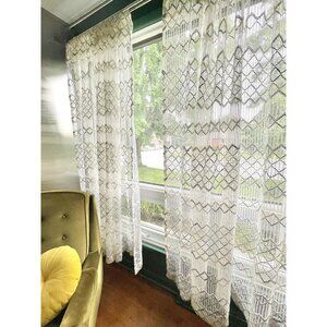 Vintage 70s curtains, white, blue mesh net, geometric pattern, oversized